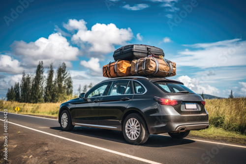 Car On The Road With Numerous Suitcases On The Roof. Сoncept Traveling With Excess Baggage, Road Trip Essentials, Overpacked Adventures, Rooftop Luggage Challenge, Traveling In Style