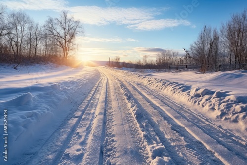 Car Tracks On The Road In The Snow. Сoncept Winter Landscapes, Tire Tracks In Snow, Winter Driving, Snowy Road Conditions, Car Tracks In The Snow