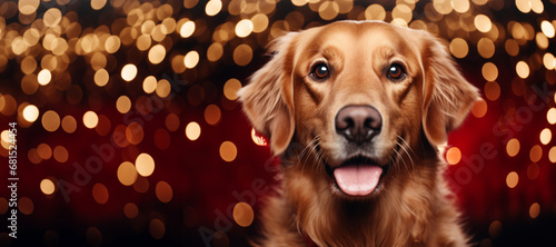 Cute golden retriever on christmas background, ai generated