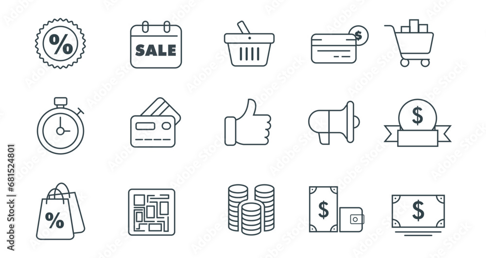 Outline money icons set. Info, Sale and finance icons. For website app. Vector stock illustration. editable stroke