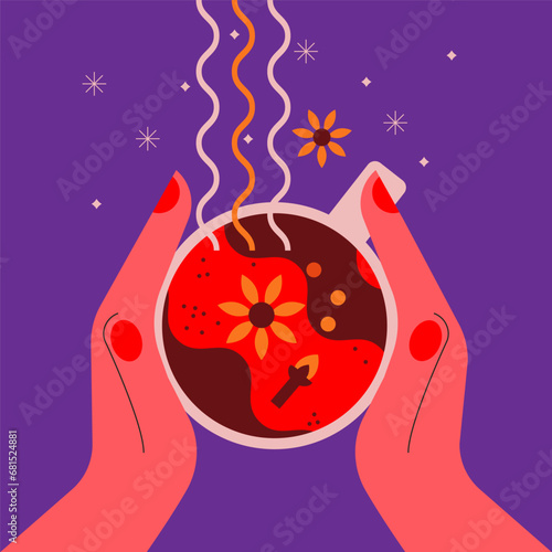 Female hands holding cup of mulled wine, tea or coffee with steam, clove, cardamom, star anise flower. Top view. Vector illustration. Flat trendy abstract style. Christmas market. Drink lover concept