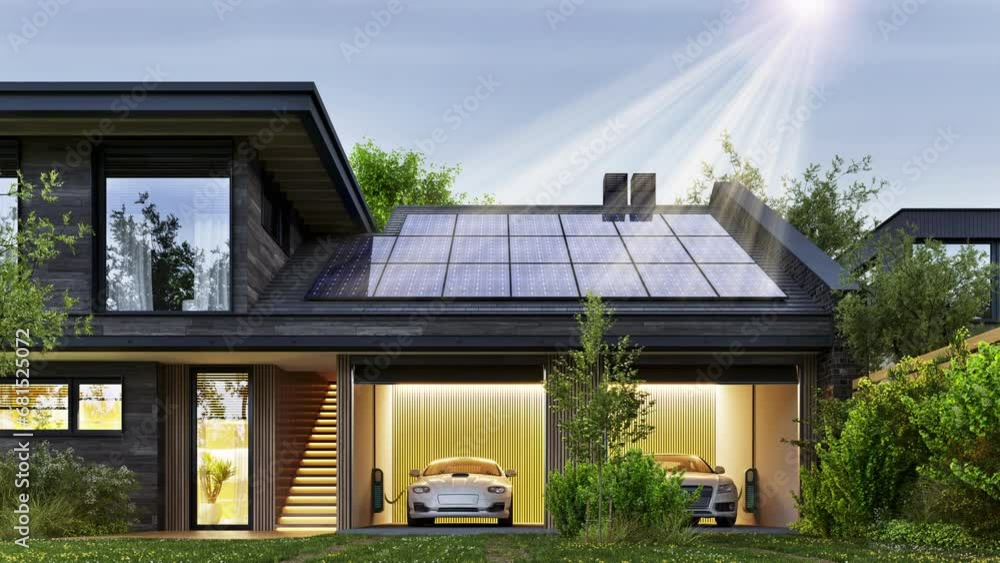 Solar panels on the roof of a modern house. Charging electric vehicles with solar panels at home. 