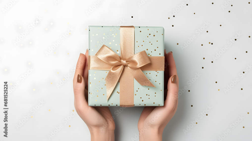 Woman's hands holding Gift box top view Woman's hands holding Gift box top view