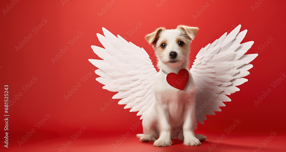Cute dog with white feather cupid wings. Valentine's day, love, wedding, banner with copy space - obrazy, fototapety, plakaty 