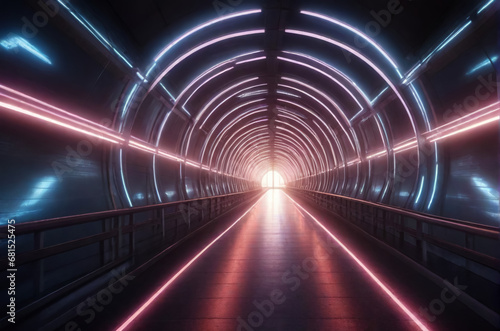 Dark corridor with neon light. AI   © IM_VISUAL_ARTIST