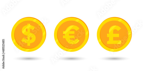 Gold coins dollar, euro and pound. Business icons, illustration, icon, vector