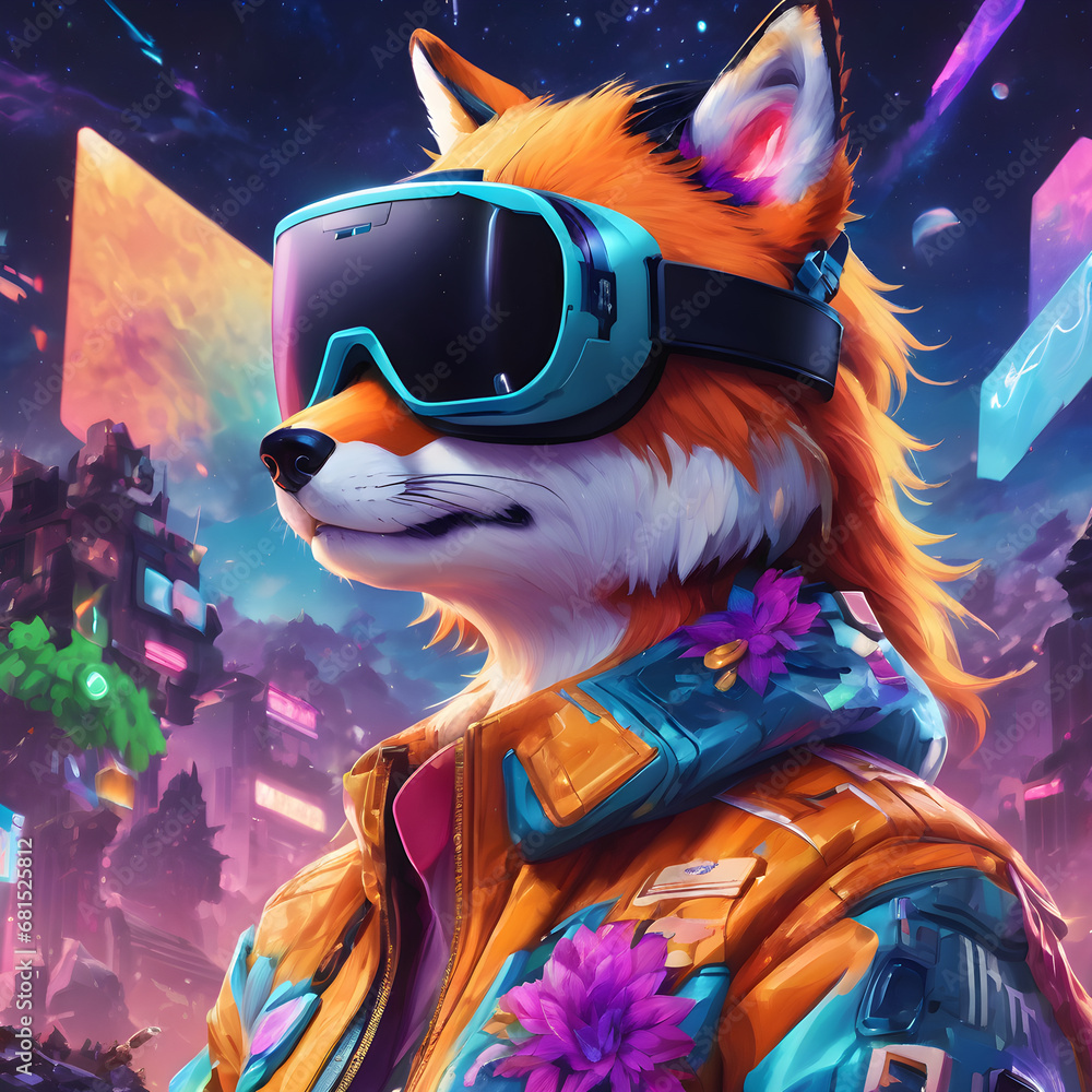 Digital art portrait of a fox wearing VR glasses and jacket, covered with a floral pattern