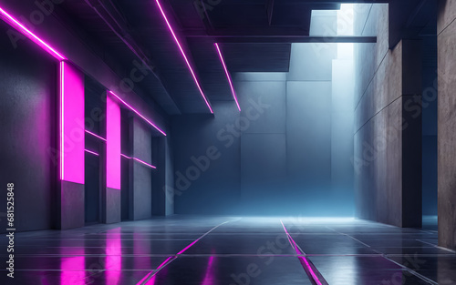 Dark corridor with neon light. AI 