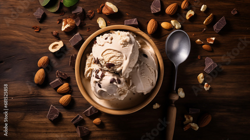Chocolate ice cream with pieces of Chocolate in a wooden bowl. Spoon and almond, cashew, pieces of Chocolate, nuts on the wooden table. overhead view 