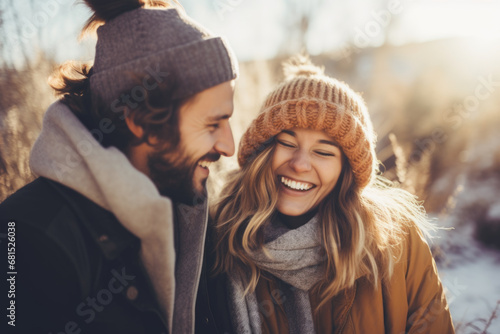 A joyful couple laughs in the winter sunlight. Concept: Winter warmth in laughter and love.