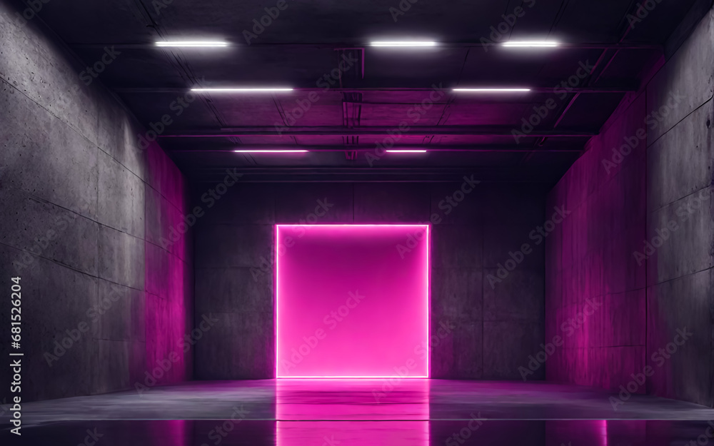 Dark corridor with neon light. AI	
