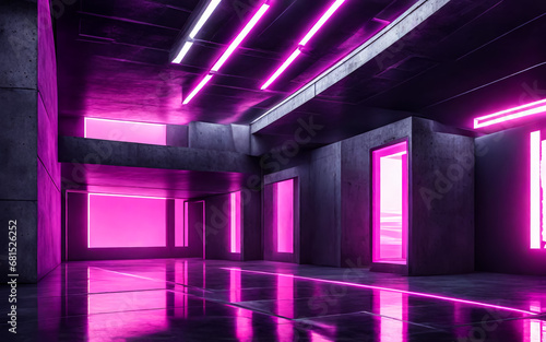 Dark corridor with neon light. AI 