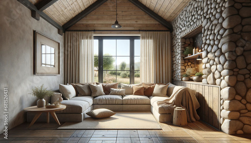 Corner sofa against window in room with stone cladding walls. Farmhouse style interior design of modern living room