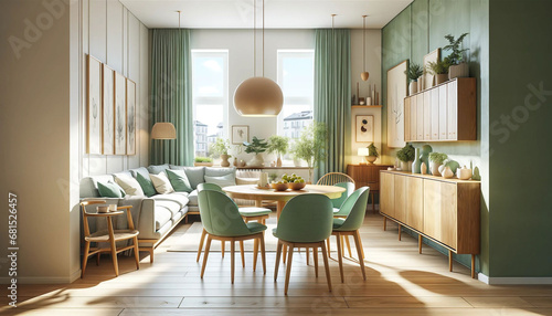 Wallpaper Mural Mint color chairs at round wooden dining table in room with sofa and cabinet near green wall. Scandinavian, mid-century home interior design of modern living room  Torontodigital.ca