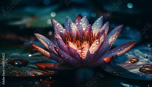 Lotus flower blossoms in tranquil pond, symbolizing growth and spirituality generated by AI