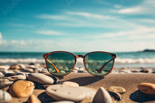 illustration of a sunglasses on the beach sand. Concept of a beach vacation. Created with Generative AI