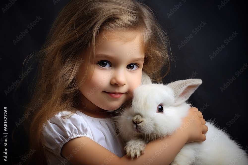 little girl hugging with her white rabbit, bunny little girl hugging with her white rabbit, bunny