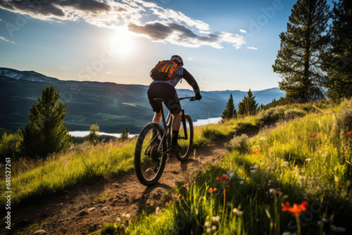 Cyclist Riding Through Vibrant Mountain Trail, Surrounded By Beauty