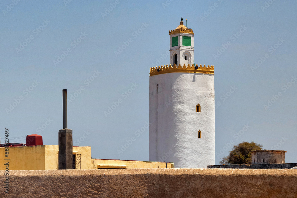 View of the historic Grande Mosque de Mazagan of El Jadida. This town is a major port city on the Atlantic coast of Morocco. Africa.
