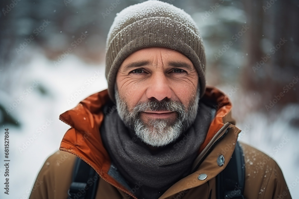 Bearded serious man guy photographing at scenic wonderful winter snowy forest Generative AI Bearded serious man guy photographing at scenic wonderful winter snowy forest Generative AI