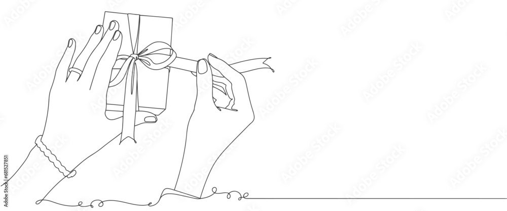 Obraz premium Human hand holding gift box line art vector illustration. line art drawn surprise. Birthday symbol. Vector eps