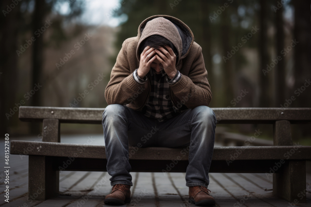 Man Sitting On Bench With His Head Down And Hands Covering His Face Appearing To Be In Emotional Pain Or Grief Photorealism Man Sitting On Bench With His Head Down And Hands Covering His Face Appearing To Be In Emotional Pain Or Grief Photorealism
