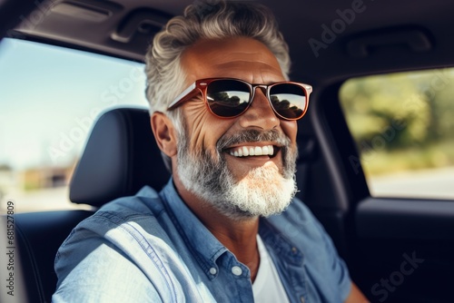 Happy Bearded Senior Man Enjoying Summer Road Trip In Italy Photorealism