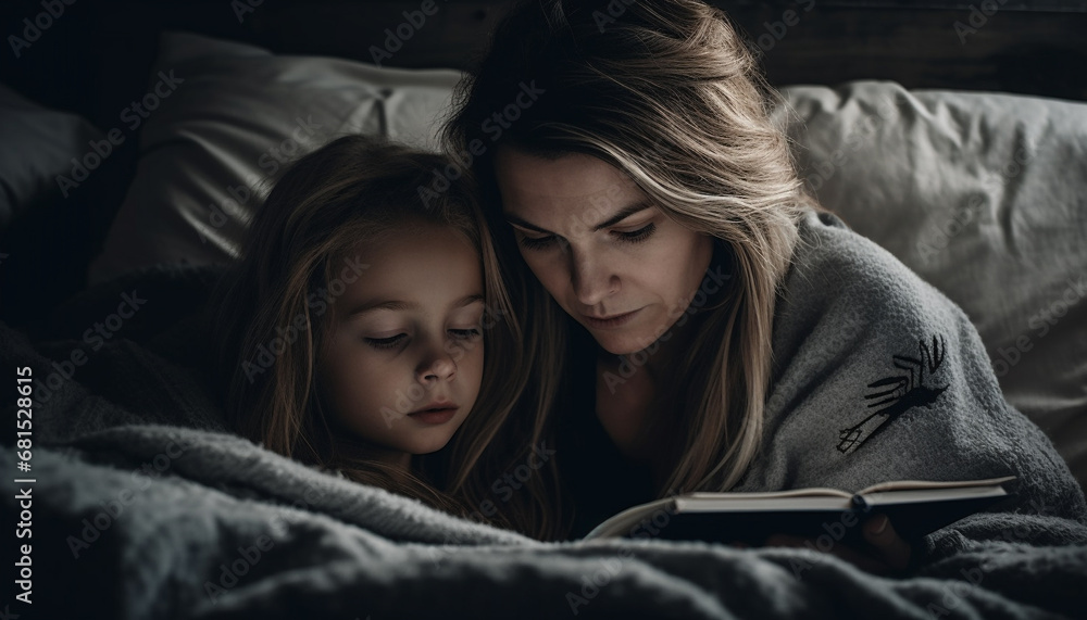 Mother and daughter embrace, reading a picture book in bed generated by AI Mother and daughter embrace, reading a picture book in bed generated by AI