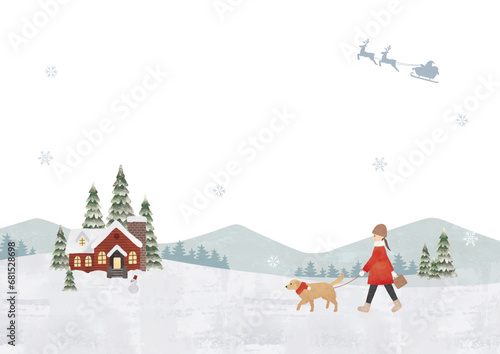 クリスマスにゴールデンレトリバーの散歩をする女性水彩画
