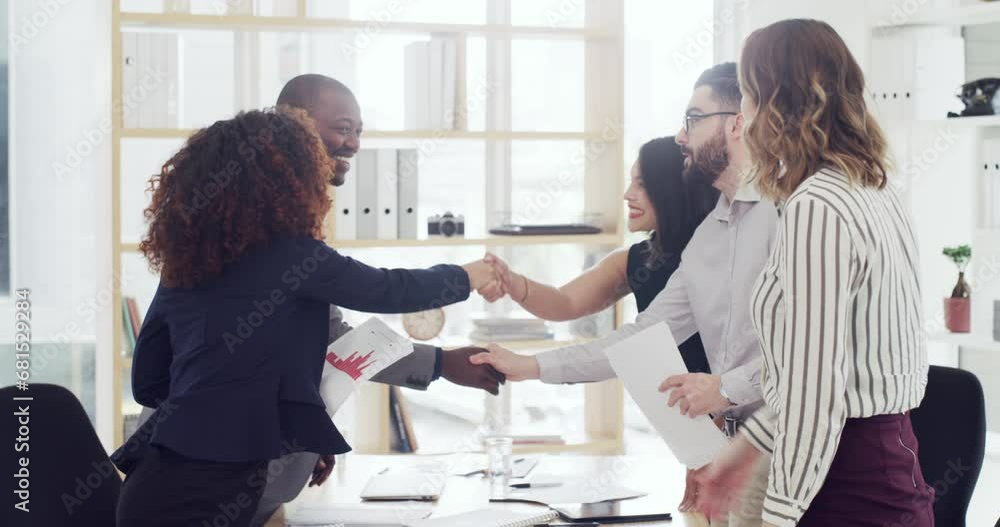 Group, teamwork or business people shaking hands in meeting for negotiation or b2b agreement. Hiring, handshake or happy employers with success, target or partnership deal opportunity for employees Group, teamwork or business people shaking hands in meeting for negotiation or b2b agreement. Hiring, handshake or happy employers with success, target or partnership deal opportunity for employees