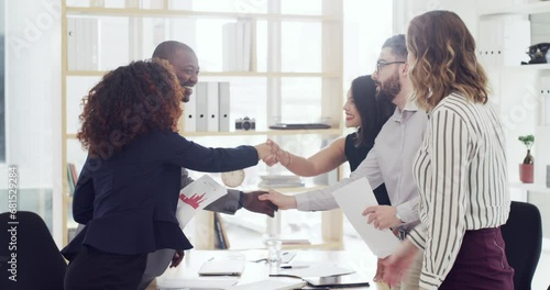 Group, teamwork or business people shaking hands in meeting for negotiation or b2b agreement. Hiring, handshake or happy employers with success, target or partnership deal opportunity for employees photo