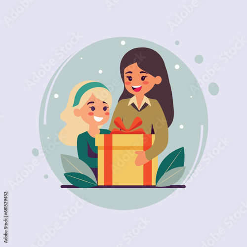 Mom gives her daughter a gift. Christmas design cartoon flat style. Vector illustration. 