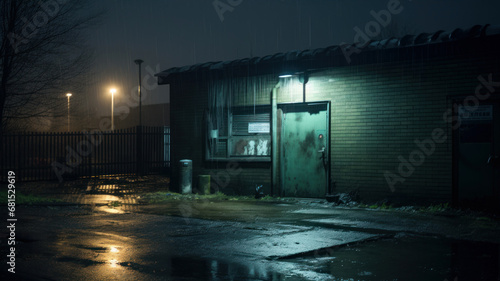 Abandoned building in the city at night with wet asphalt.