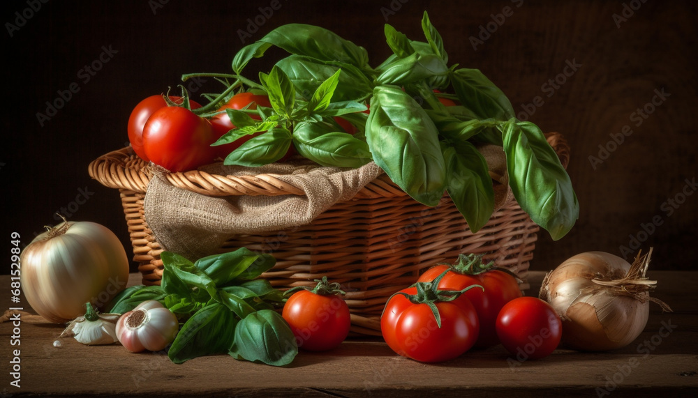 Fresh organic vegetarian meal on rustic wooden table with healthy ingredients generated by AI Fresh organic vegetarian meal on rustic wooden table with healthy ingredients generated by AI