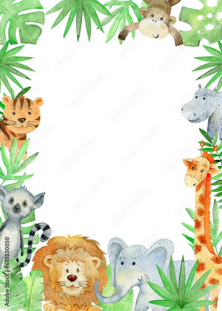 Obraz premium Baby shower card. Watercolor safari card with animals.