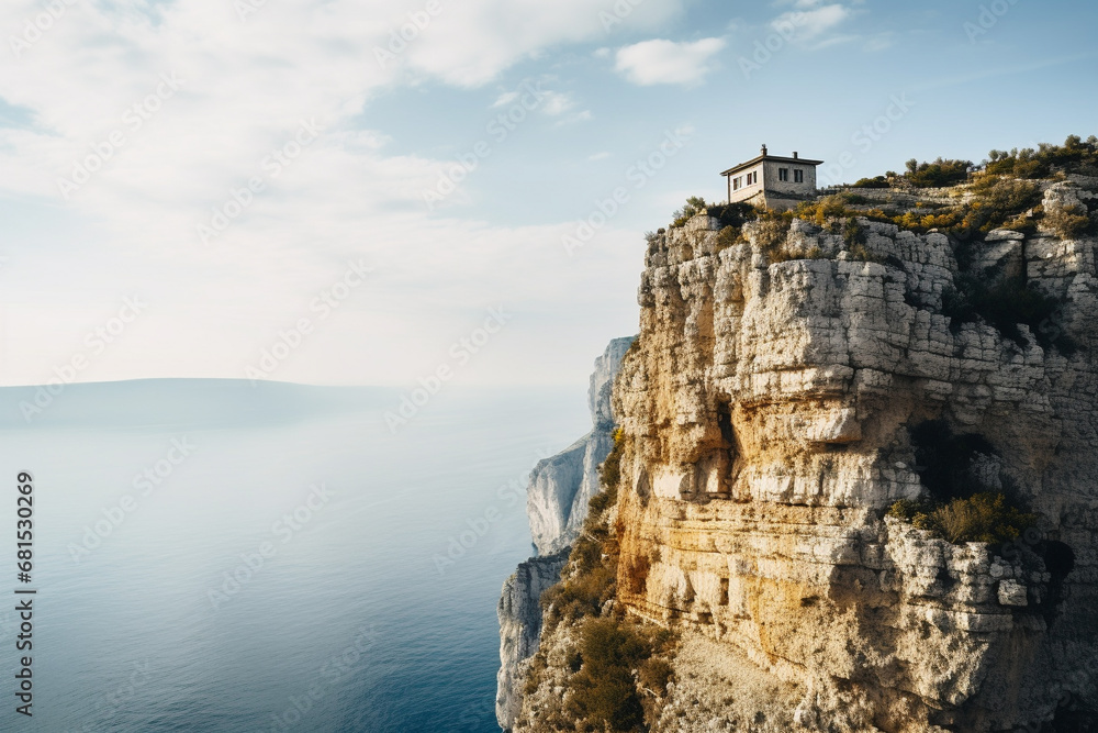 embodies dream of living on edge, showcasing house perched at precipice of cliff, endless expanse of sebelow, and harmonious coexistence of humdesign and natural world