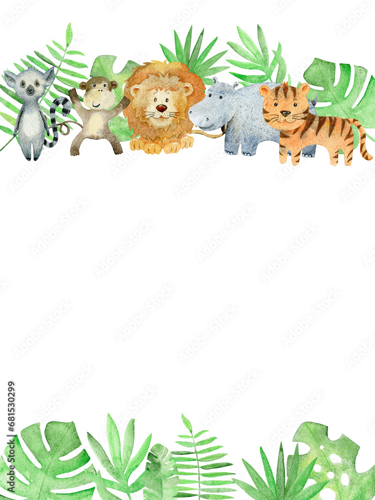 Fototapeta premium Baby shower card. Watercolor safari card with animals.