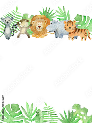 Baby shower card. Watercolor safari card with animals.