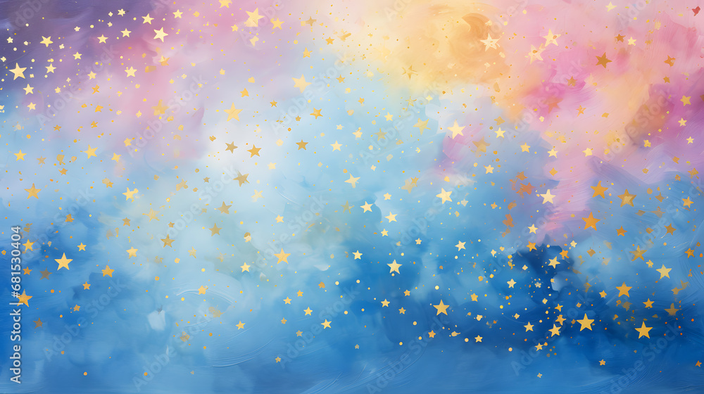 Starry night in pink and purple colors and  golden stars hand drawn watercolor background