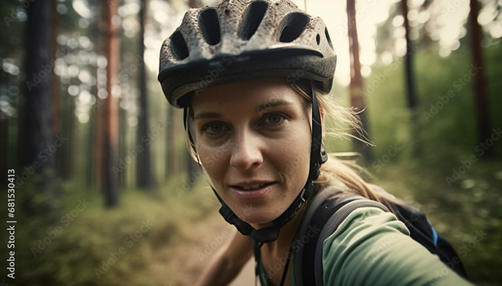 Young woman smiling, mountain biking in forest, enjoying healthy lifestyle generated by AI Young woman smiling, mountain biking in forest, enjoying healthy lifestyle generated by AI
