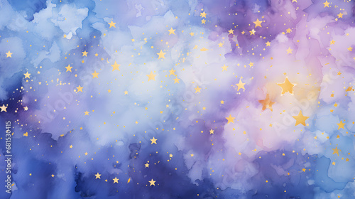 Starry night in pink and purple colors and golden stars hand drawn watercolor background