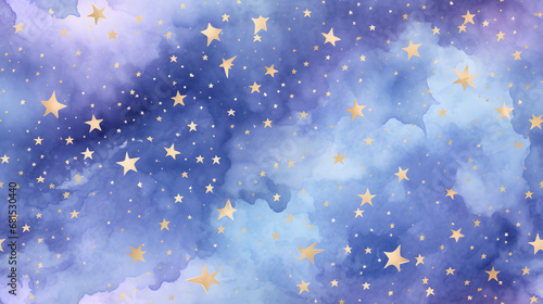 Starry night in pink and purple colors and golden stars hand drawn watercolor background