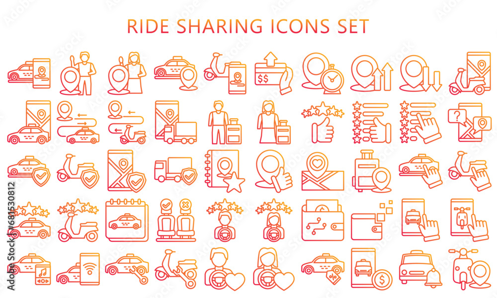 Ride sharing gradient outline icons set. contain pin location, passenger, map. direction, taxi and more. use for modern concept, best for UI or UX kit, web and app development. vector EPS 10.