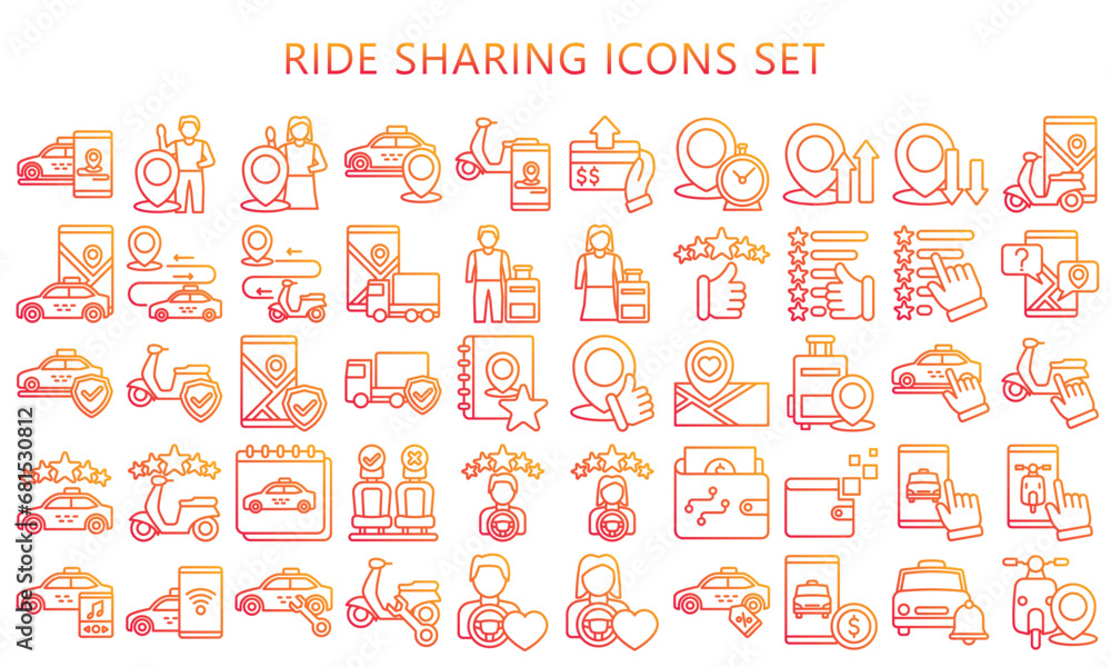 Ride sharing gradient outline icons set. contain pin location, passenger, map. direction, taxi and more. use for modern concept, best for UI or UX kit, web and app development. vector EPS 10. Ride sharing gradient outline icons set. contain pin location, passenger, map. direction, taxi and more. use for modern concept, best for UI or UX kit, web and app development. vector EPS 10.