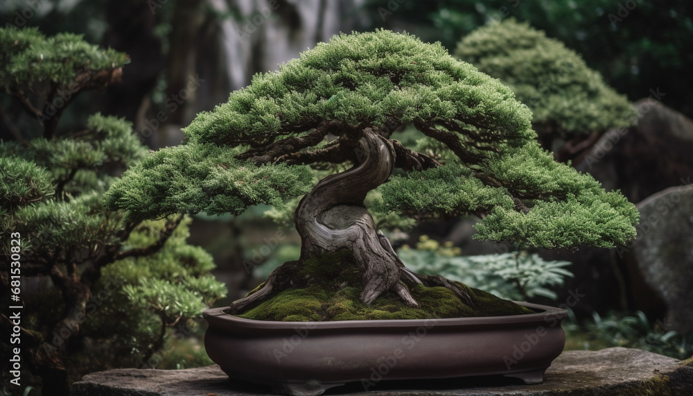 Japanese pine tree in flower pot adds beauty to garden decor generated by AI Japanese pine tree in flower pot adds beauty to garden decor generated by AI