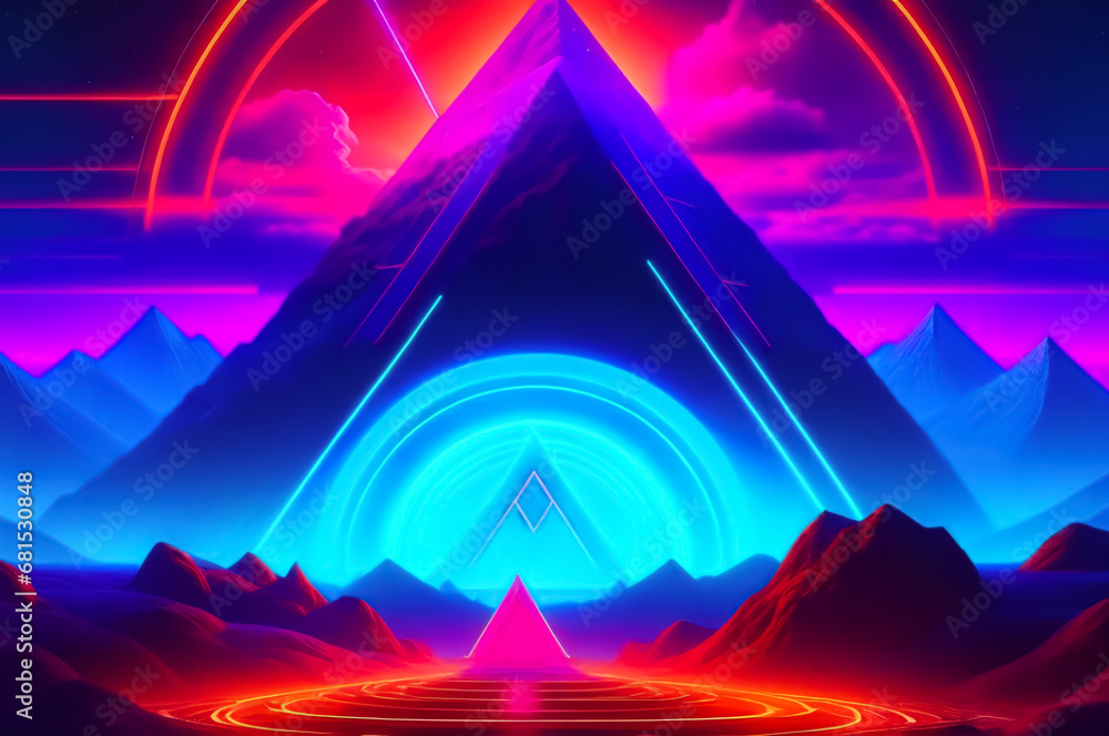 Futuristic landscape with triangular and neon elements. Fiction. AI