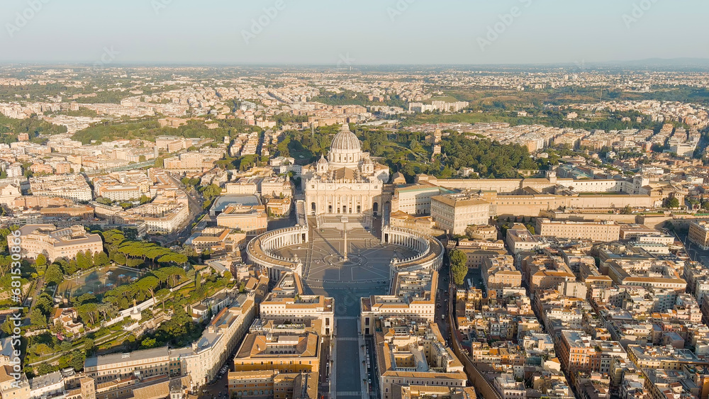 Rome, Italy. View of the Vatican. Basilica di San Pietro, Piazza San Pietro. Flight over the city. Morning hours, Aerial View