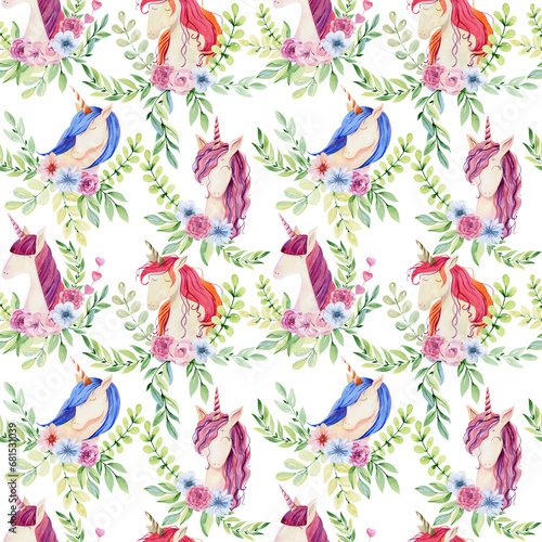 Watercolor unicorns seamless pattern. Magical fantasy character.