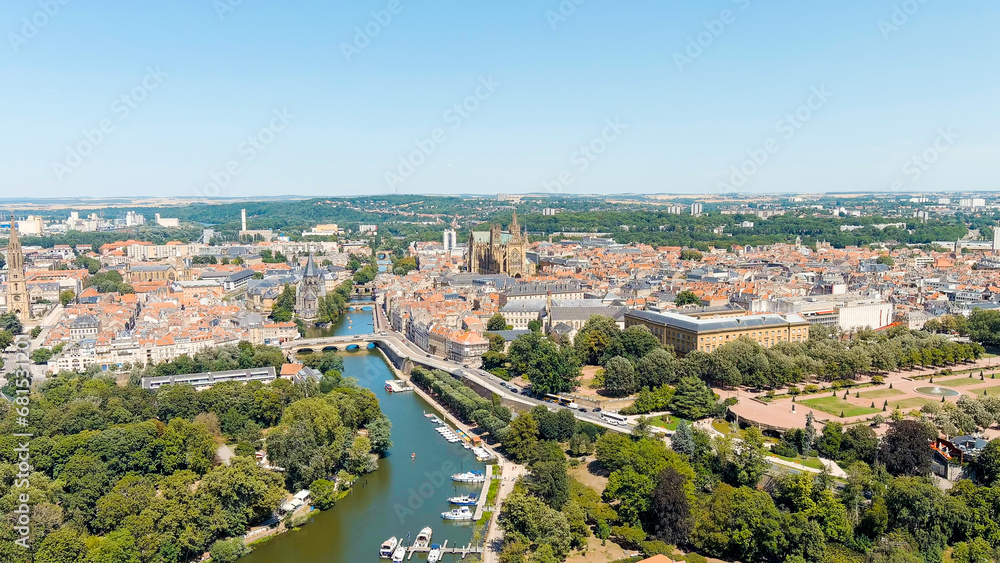 Naklejka premium Metz, France. View of the historical city center. Summer, Sunny day, Aerial View