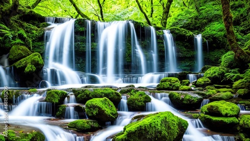 beauty of a cascading waterfall in a lush  green environment. 